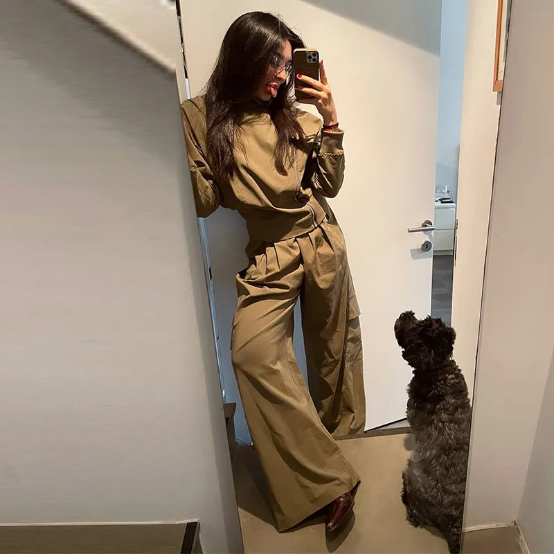 Calças de carga ternos femininos high street vintage solto lapela mangas compridas define feminino 2025 primavera nova moda conjuntos com zíper 2 peças