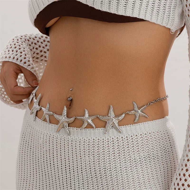 Estilo étnico estrela do mar corrente de cintura acessórios boêmio versátil cinto vestido feminino high-end vestido com cintura metal retro
