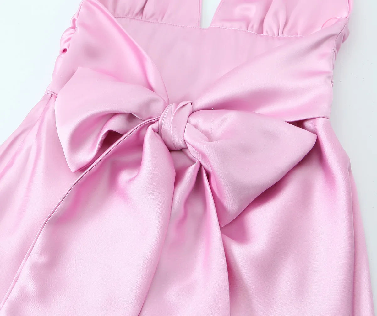 Traf robe y2k cetim fino extremo curto vestido de festa feminino 2025 primavera arco amarrado sem mangas sem costas magro uma linha mini vestido vermelho