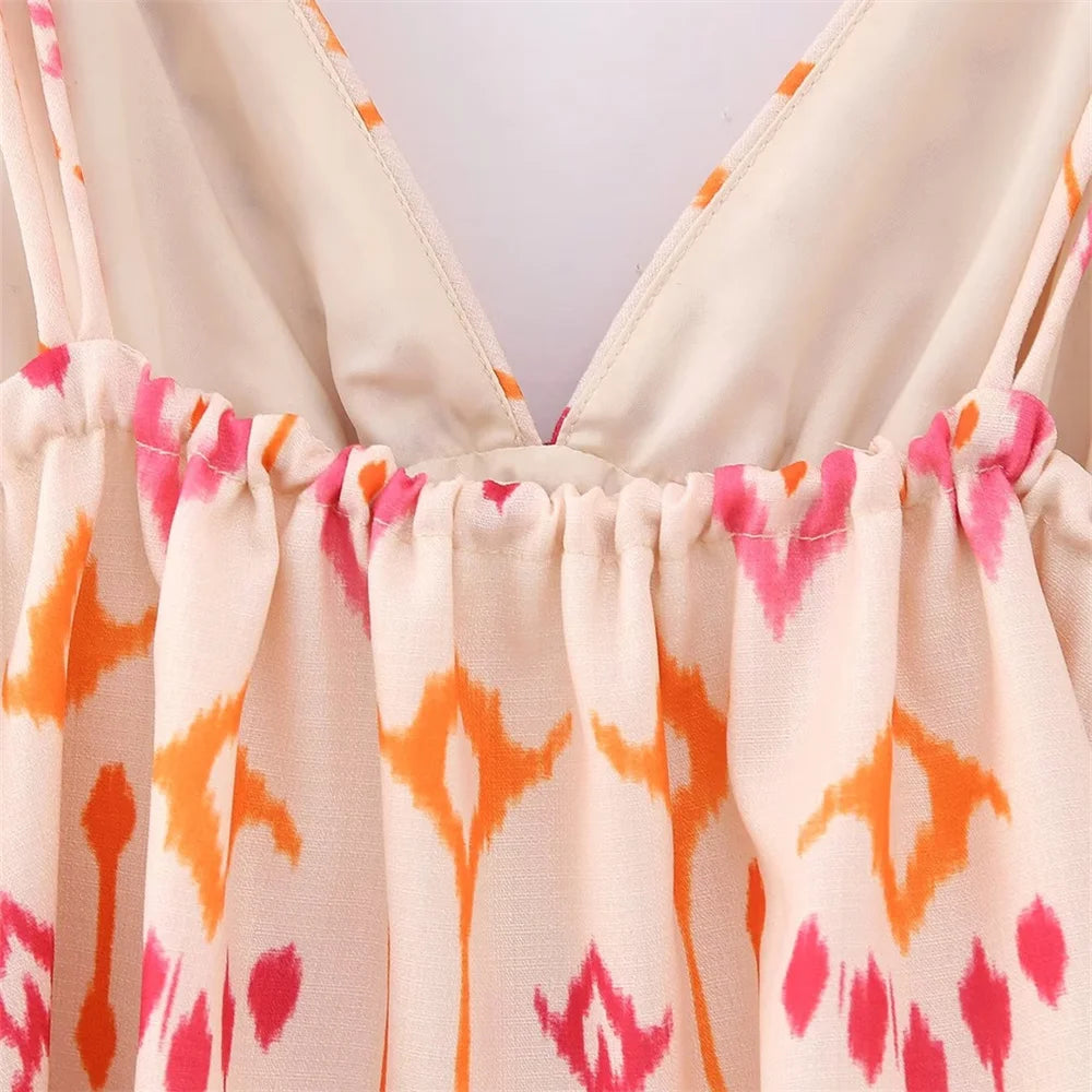 Unizera outono nova moda feminina versátil sexy com decote em v sem mangas bordado frisado impressão curto topo