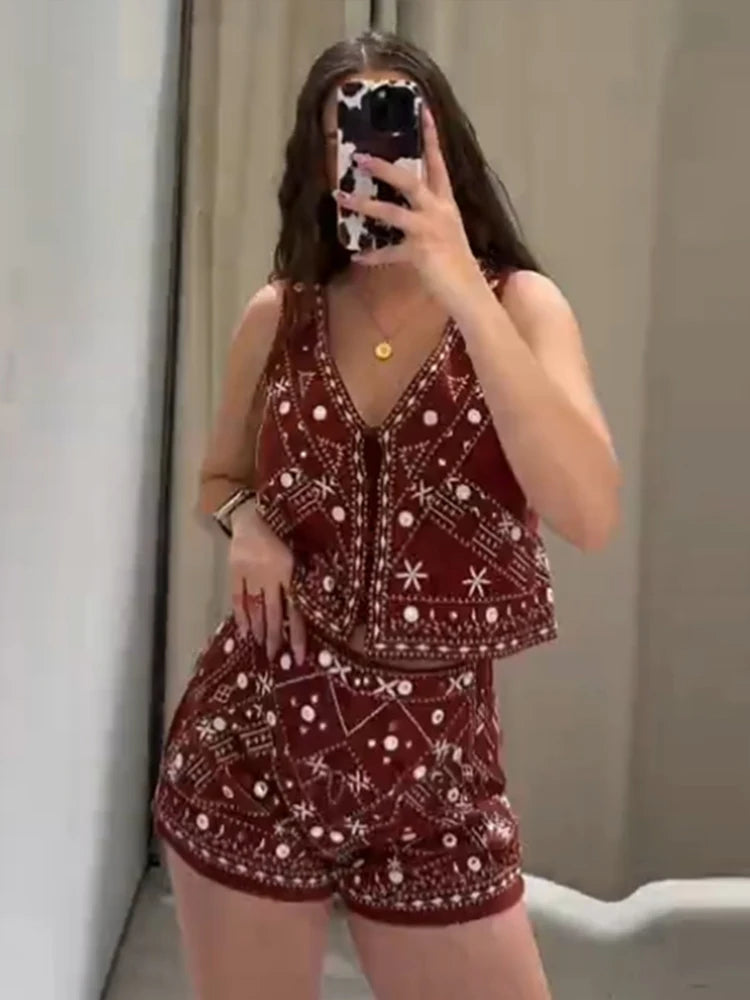 Casual bordado colete shorts outfits feminino com decote em v único breasted mini calças ternos feminino 2025 primavera verão novos conjuntos chiques senhora