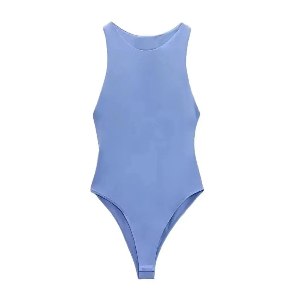 Trza moda feminina com halter pescoço magro bodysuit sexy sem mangas snap-botão feminino playsuits mujer