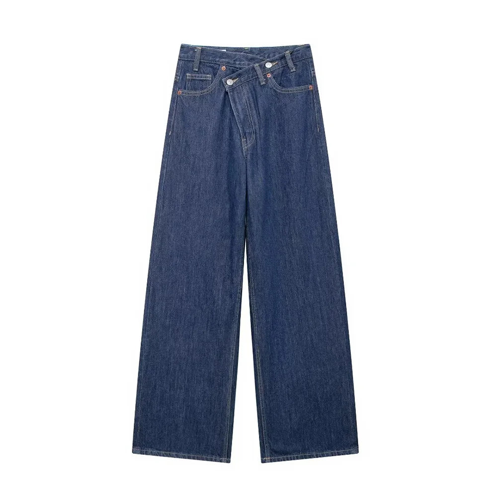 TRAF Calças de ganga básicas para mulher New Fashion Asymmetric Design High Waist Wide Leg Trousers Calças de ganga casuais de perna direita para mulher