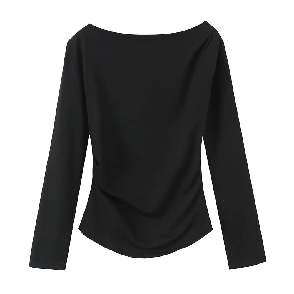 BM&MD&ZA Camiseta feminina bege de manga comprida com ombro de fora, design assimétrico franzido para uso elegante e confortável