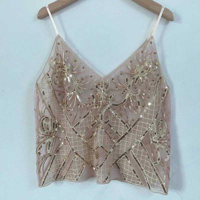 Feminino com decote em v sem mangas regata sexy magro topo verão pesado industrial lantejoulas cravejadas lantejoulas curto solto camisola topo