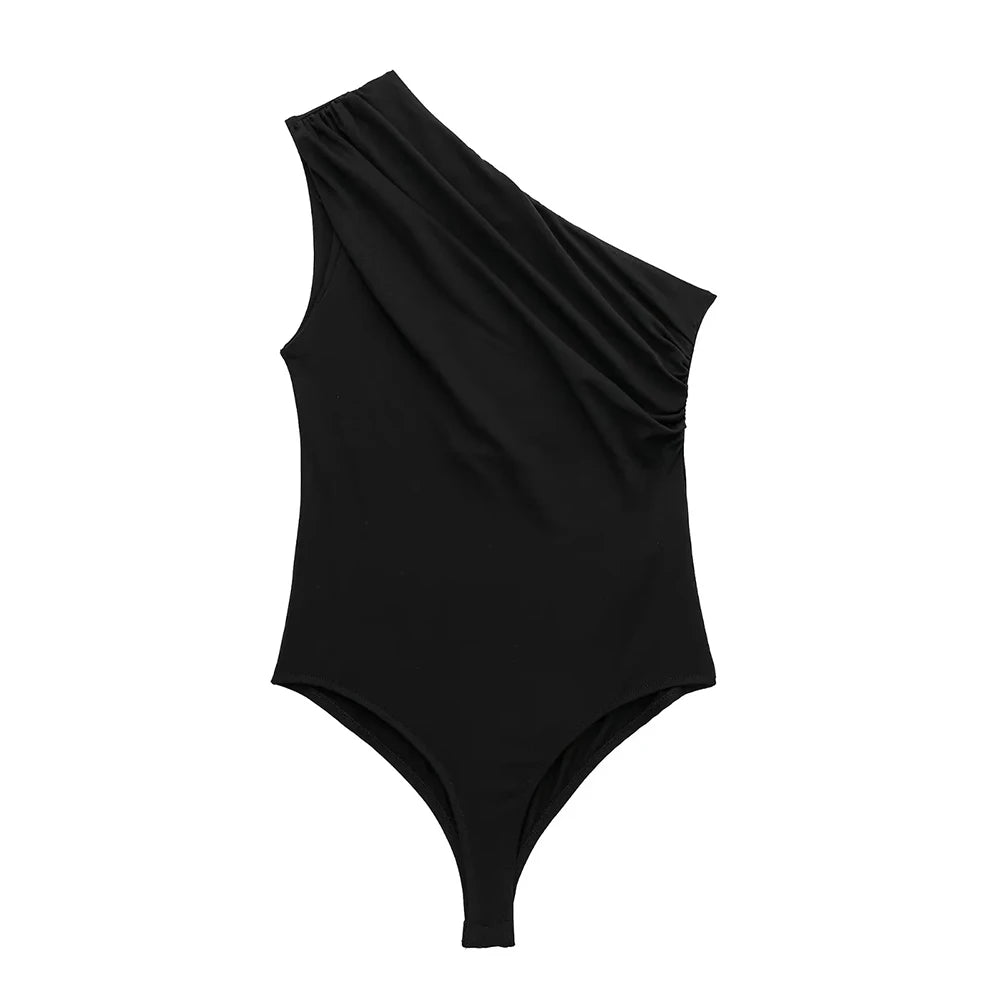 TRZA – Body assimétrico franzido feminino, um ombro, alças largas, botão de pressão, playsuits femininos, moda sexy