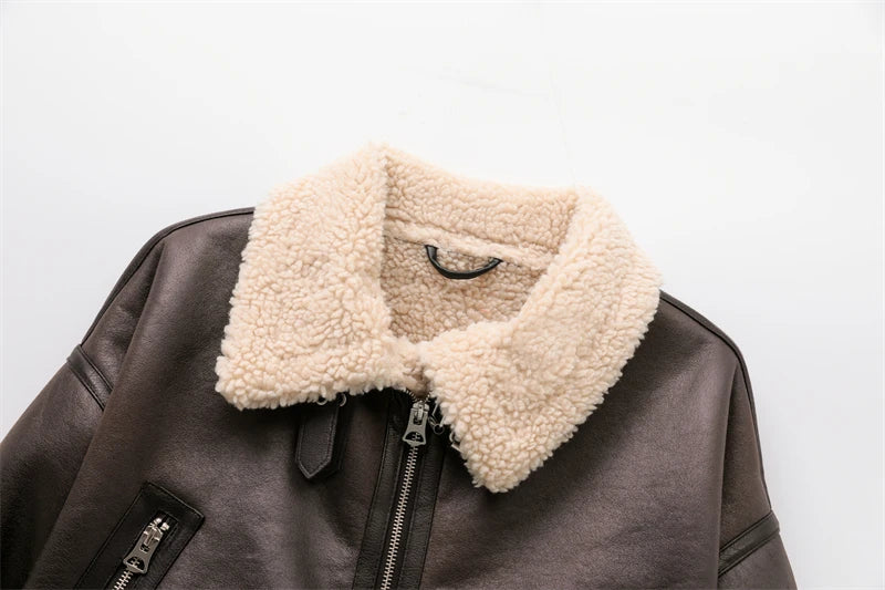 RARF-Jaqueta grossa quente do falso shearling feminino, casaco vintage de manga longa, outerwear feminino, bainha do cinto, nova moda, 2024