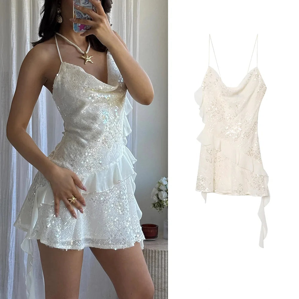 Trafza sexy chique vestido feminino sólido cami sem costas lantejoulas em camadas mini vestido curto nova moda 2025 verão clube vestido de festa