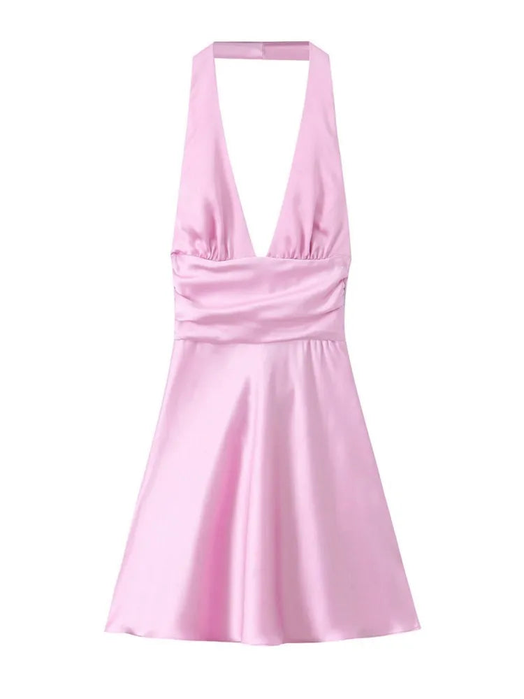 Traf robe y2k cetim fino extremo curto vestido de festa feminino 2025 primavera arco amarrado sem mangas sem costas magro uma linha mini vestido vermelho