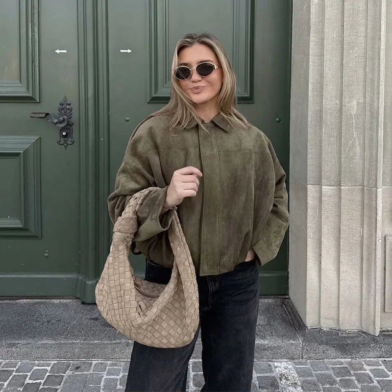 Rafznb jaquetas bomber femininas casacos moda gola virada para baixo manga longa casacos soltos vintage feminino outerwear chiques topos