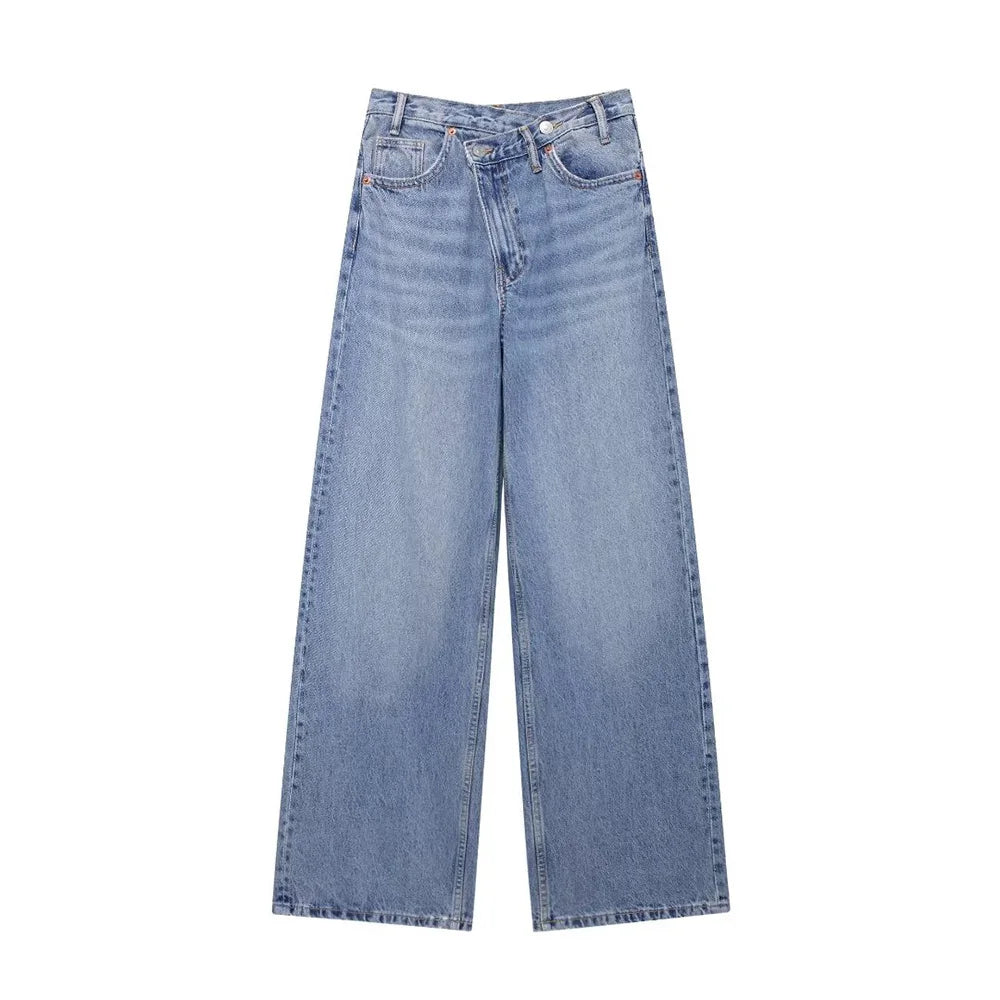 TRAF Calças de ganga básicas para mulher New Fashion Asymmetric Design High Waist Wide Leg Trousers Calças de ganga casuais de perna direita para mulher