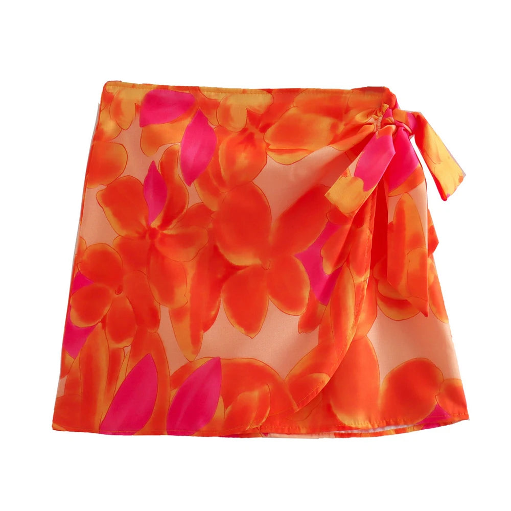 Trza moda feminina frente ganchos de metal impresso bustier topos e cintura alta com arco amarrado mini saia feminina conjuntos de duas peças mujer