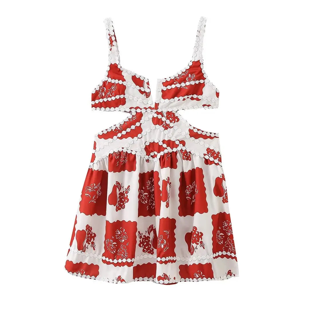 Vestido retrô americano suspenso para mulheres, estilo boêmio, cintura oca, saia curta em linha A, verão, novo