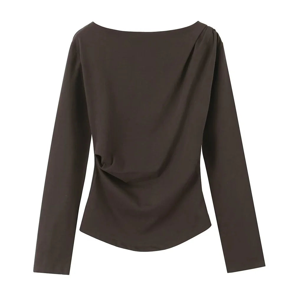 BM&MD&ZA Camiseta feminina bege de manga comprida com ombro de fora, design assimétrico franzido para uso elegante e confortável