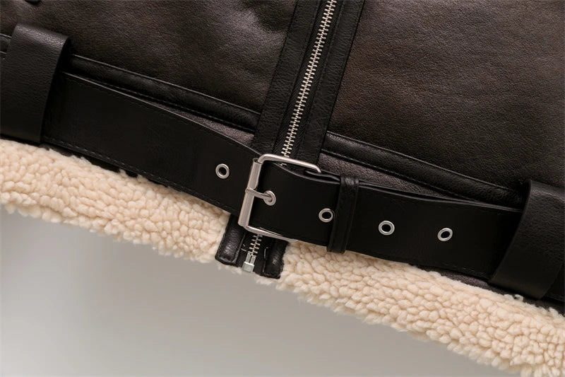 RARF-Jaqueta grossa quente do falso shearling feminino, casaco vintage de manga longa, outerwear feminino, bainha do cinto, nova moda, 2024