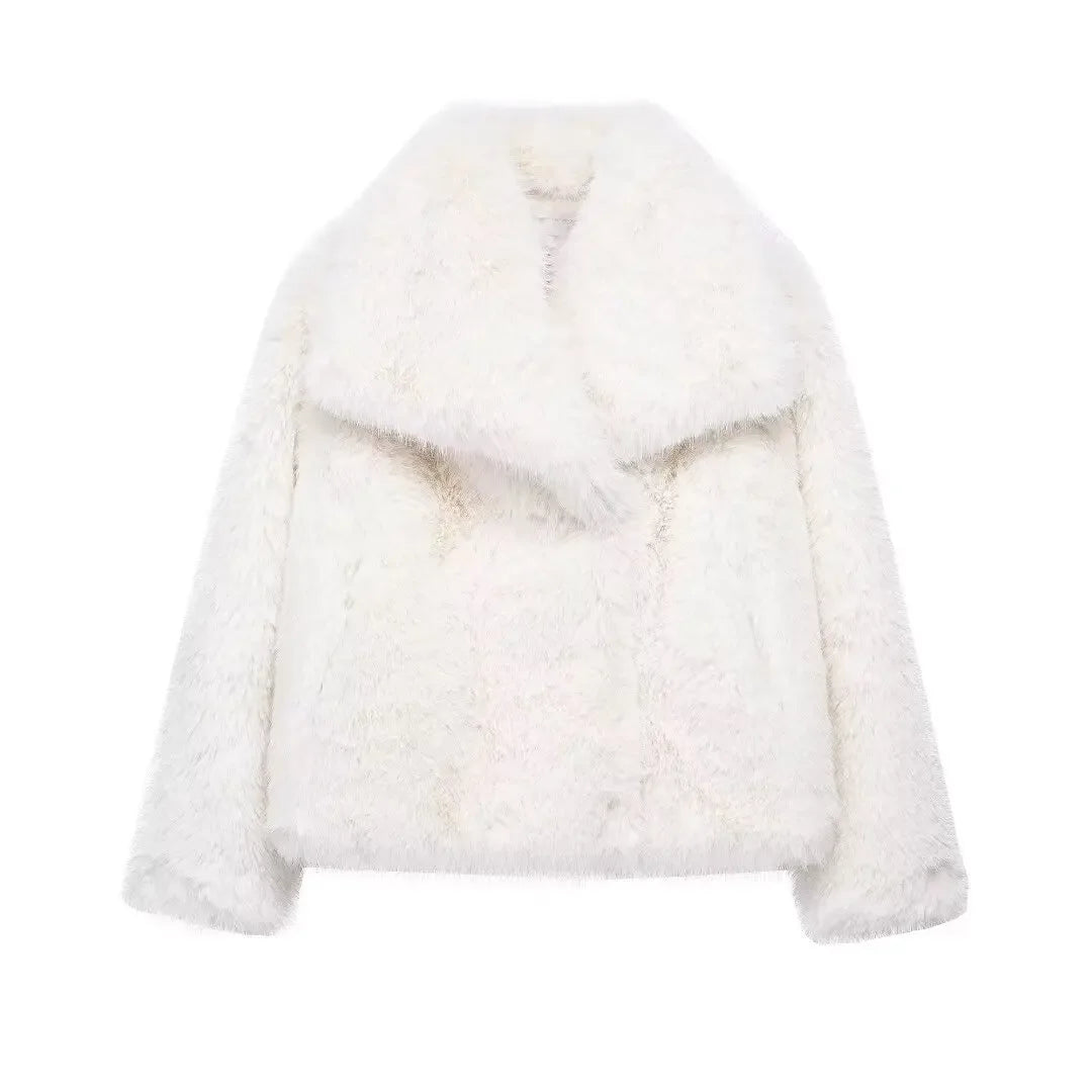 Traf 2024 mulher outono inverno casaco de pele do falso pelúcia fofo jaqueta feminina novo em outerwears branco vermelho cinza preto lã misturas casacos