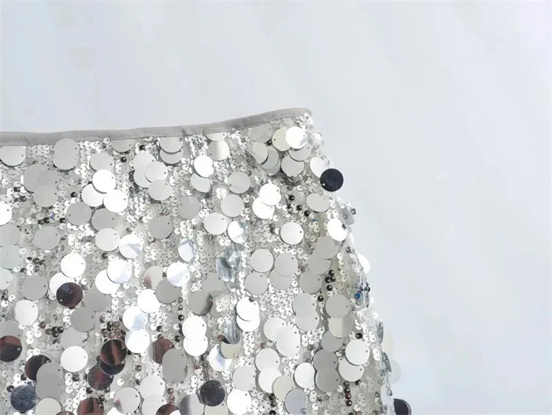 Saia de lantejoulas prata mulher cintura alta mini saia mulher moda brilhante glitter elegante saias curtas para mulheres saias y2k