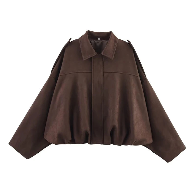 Rafznb jaquetas bomber femininas casacos moda gola virada para baixo manga longa casacos soltos vintage feminino outerwear chiques topos