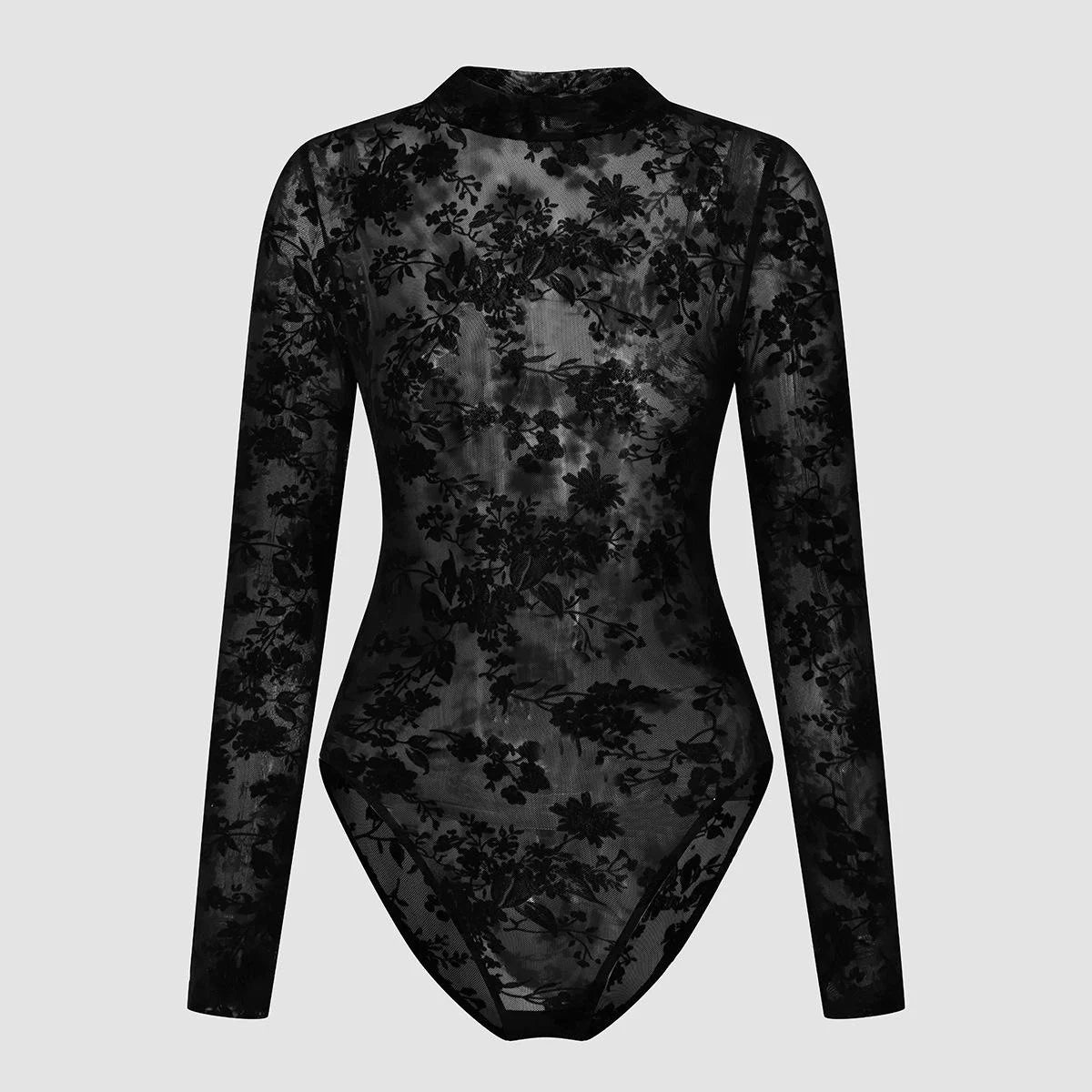 Sexy feminino preto floral reunindo malha pura mock neck manga longa bodysuit