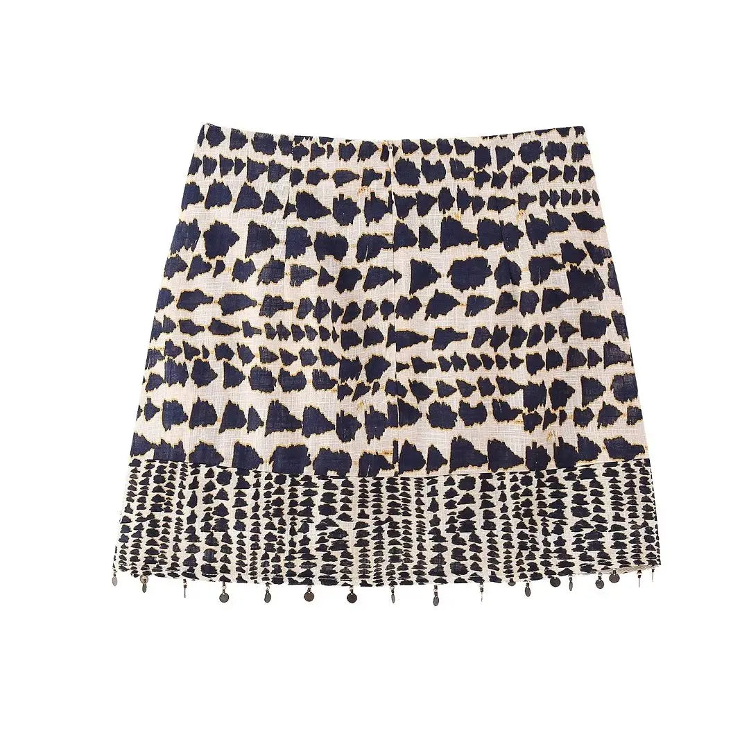 Impressão geométrica vintage feminina atada mini saia de sarong, saia de zíper casual feminina, miolização borla, QUN4078