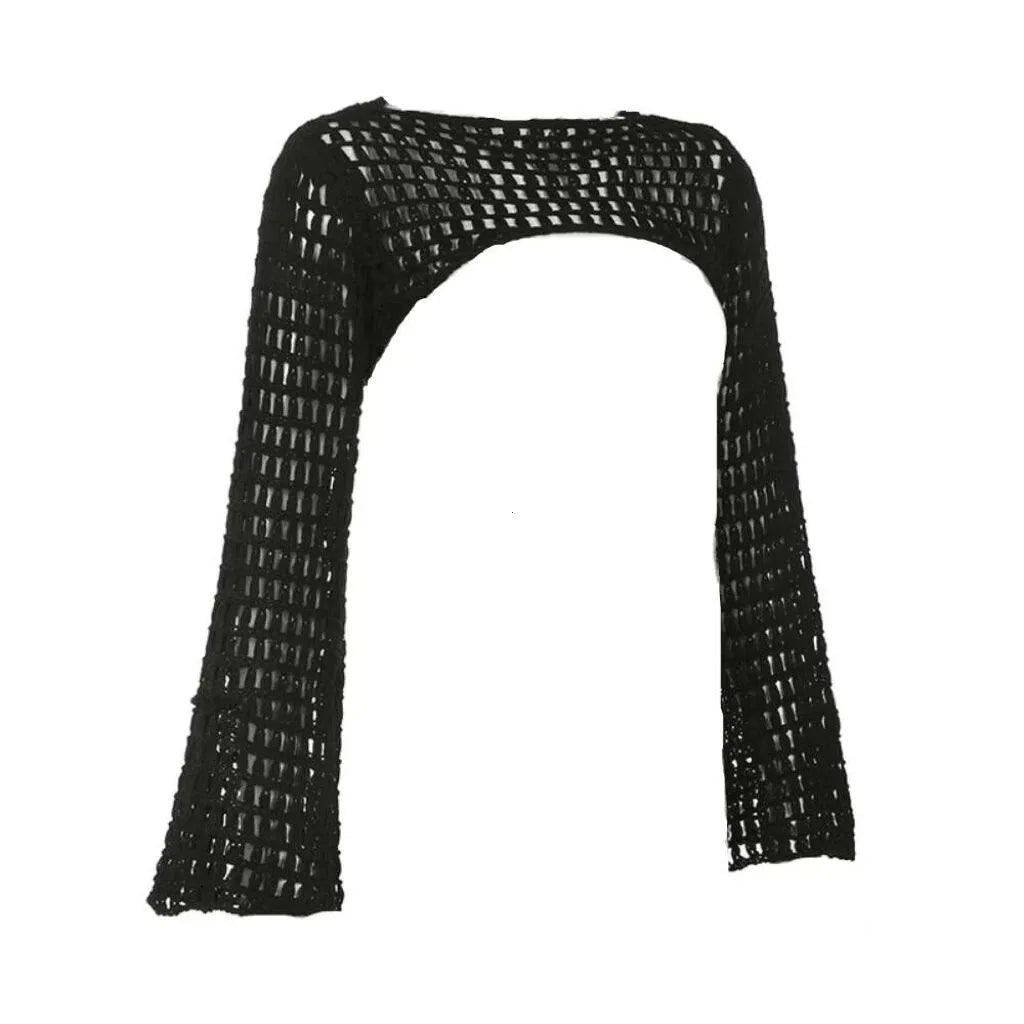 Verão crochê malha oco para fora colheita topo feminino y2k sexy blusa camisas manga longa queimado camisola cobrir ups streetwear pullovers