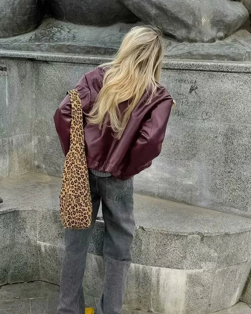 Trafza vinho vermelho couro falso jakcet moda outerwear engrossar zíper lapela casacos do plutônio outono inverno streetwear senhoras topos feminino