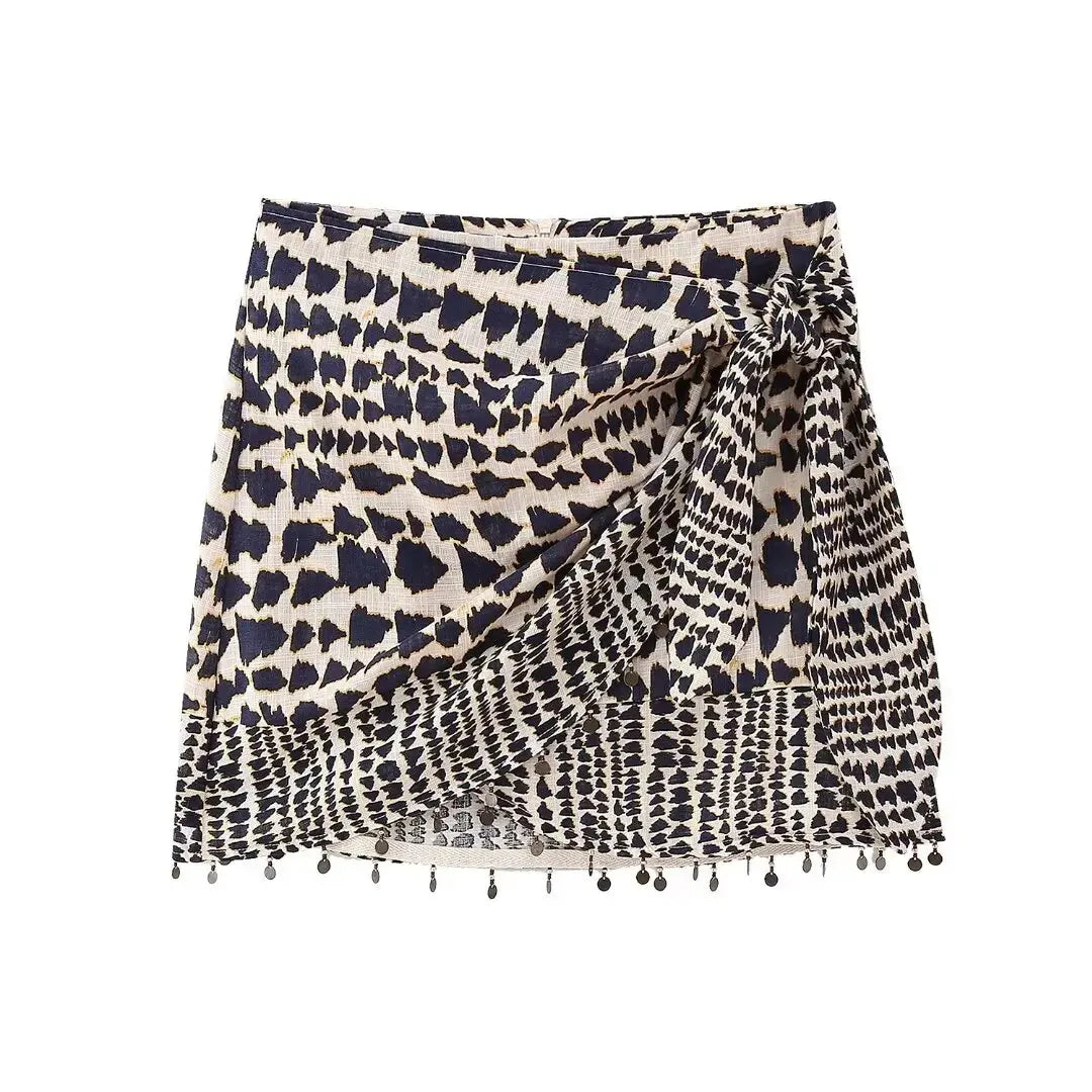 Impressão geométrica vintage feminina atada mini saia de sarong, saia de zíper casual feminina, miolização borla, QUN4078