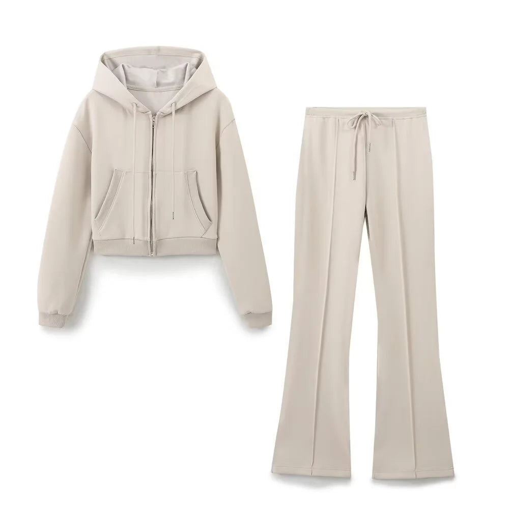 Taop & za outono nova moda feminina casual zíper decoração com capuz manga comprida moletom jaqueta trompete calças conjunto