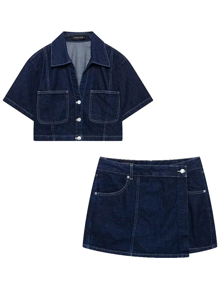 Traf 2025 conjuntos casuais femininos de verão moda mini saias shorts conjuntos denim camisa curta conjuntos superiores para mulheres rua roupa feminina
