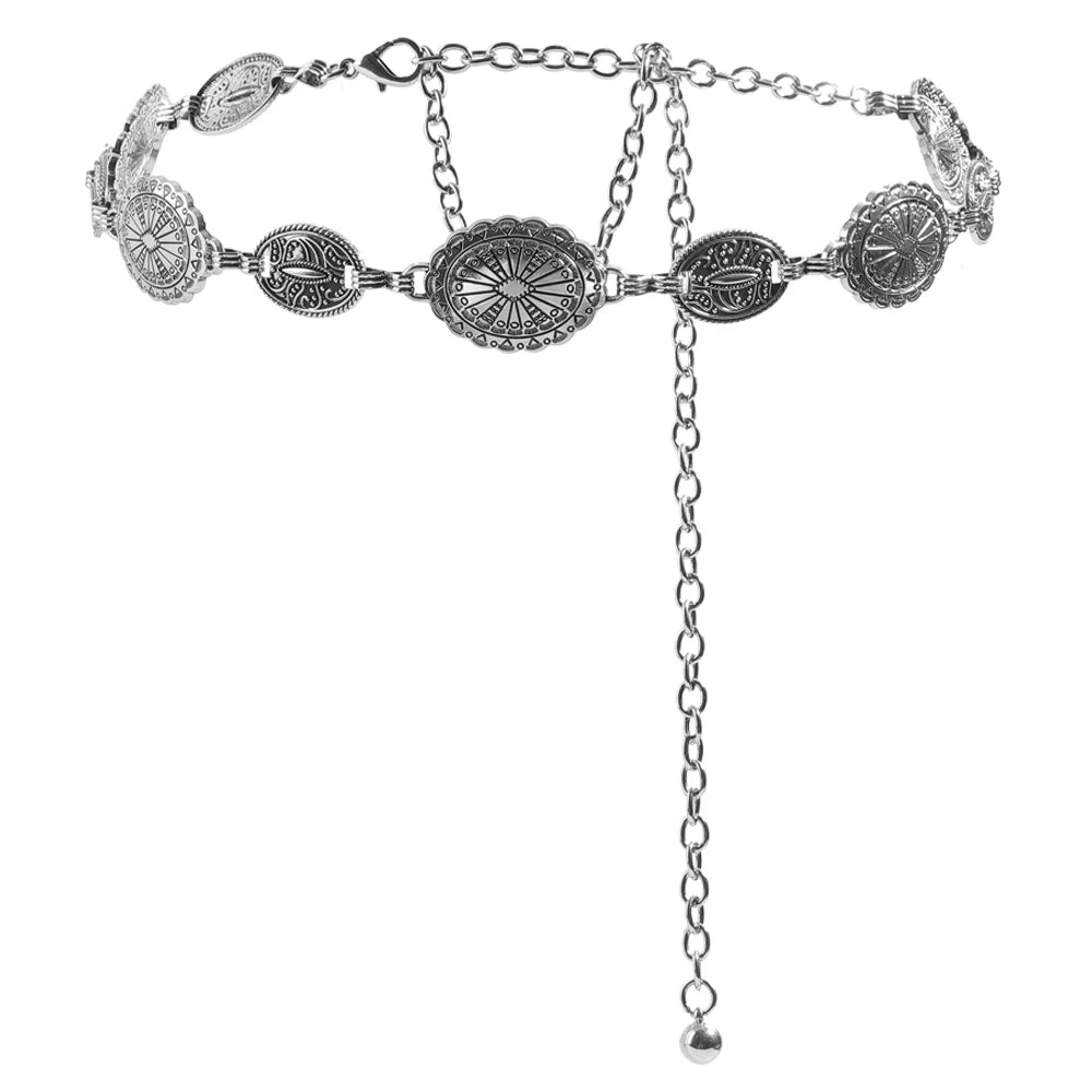 Acessórios de corrente de cintura de metal feminino estilo retrô círculo decorativo esculpido cinto de corrente acessórios de estilo alto