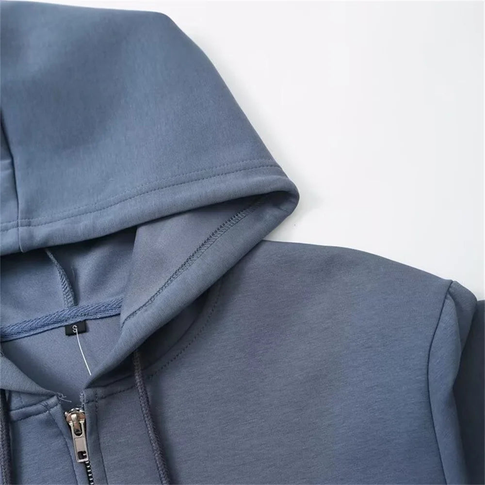 Taop & za outono nova moda feminina casual zíper decoração com capuz manga comprida moletom jaqueta trompete calças conjunto