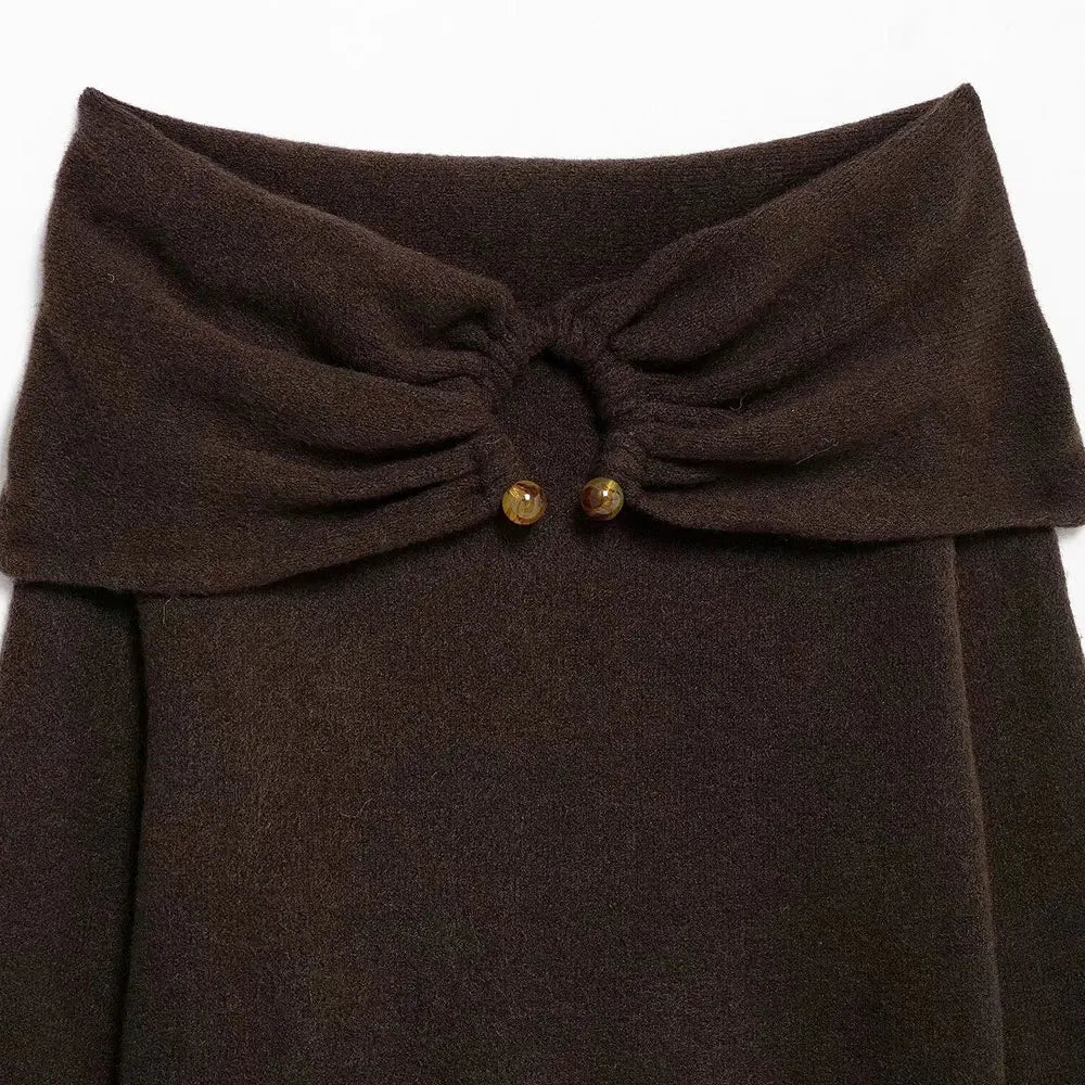 TRZA Suéter feminino de malha com ombros de fora, gola reta, manga comprida, pulôver fashion, apliques, tops chiques