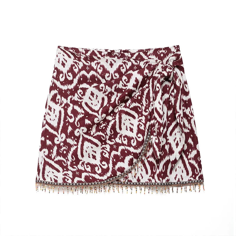 Willshela moda feminina com miçangas borla impressa zíper traseiro a linha mini saia vintage cintura alta feminino chique senhora saias