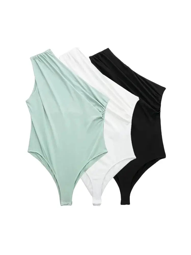 TRZA – Body assimétrico franzido feminino, um ombro, alças largas, botão de pressão, playsuits femininos, moda sexy