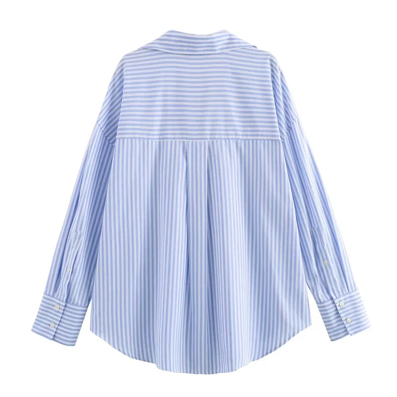 Traf oxford camisa branca mulher assimétrica azul listrado blusas de manga longa para mulher 2024 casual camisas básicas mulher verão topo