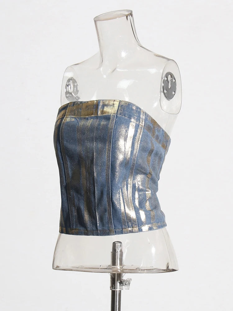 TWOTWINSTYLE-Mulheres de emagrecimento Denim Tank Tops, Patchwork Zipper, Sexy Strapless, sem mangas, sem encosto, coletes curtos, moda feminina
