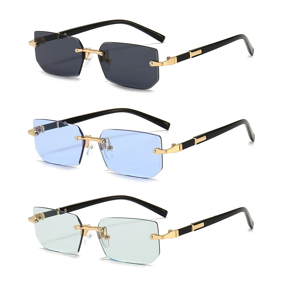 Óculos de sol sem aro para homens e mulheres, tons pequenos, óculos quadrados, viagem de verão, moda popular, feminino, masculino