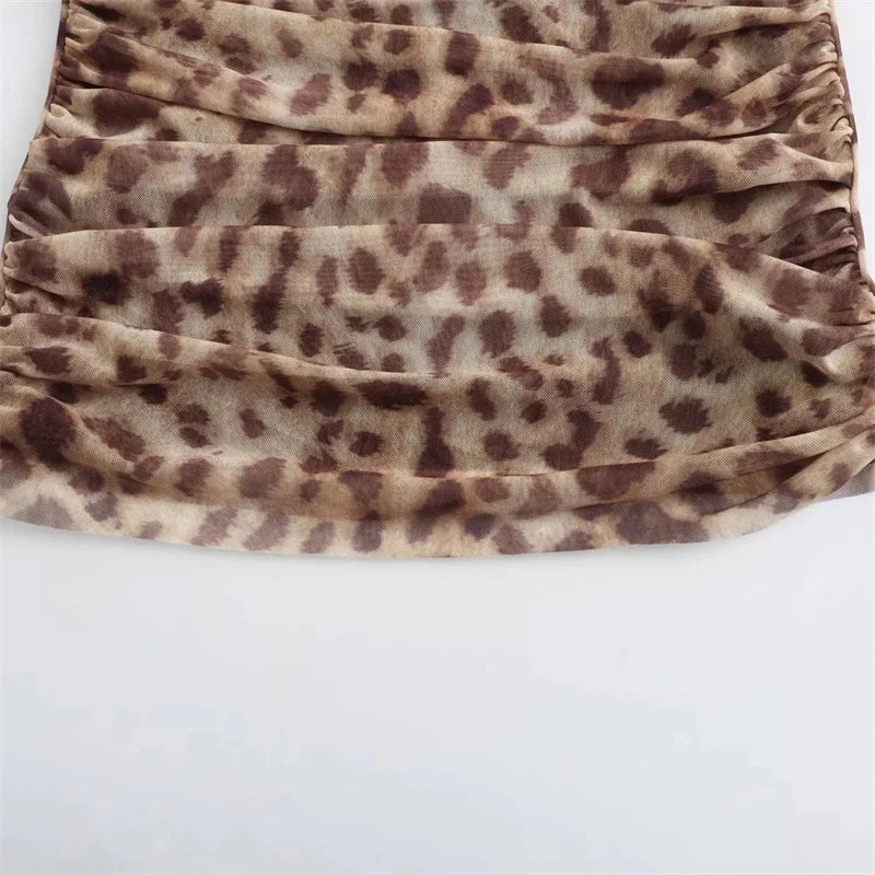 Muyer 2025 tule colheita topo feminino leopardo impressão ruched tubo topos para mulher sexy sem costas halter topo feminino fora do ombro verão topo