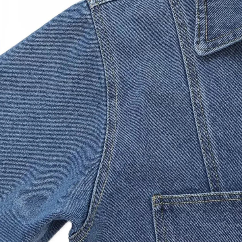 TRAF Fato de ganga solto com decoração de bolsos para mulher Camisa curta com lapela Casual Saia curta assimétrica Trabalho temporário Conjunto versátil de duas peças Street Casual Fashion Fato de senhora