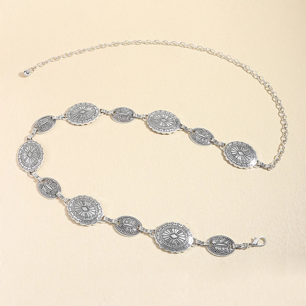 Acessórios de corrente de cintura de metal feminino estilo retrô círculo decorativo esculpido cinto de corrente acessórios de estilo alto