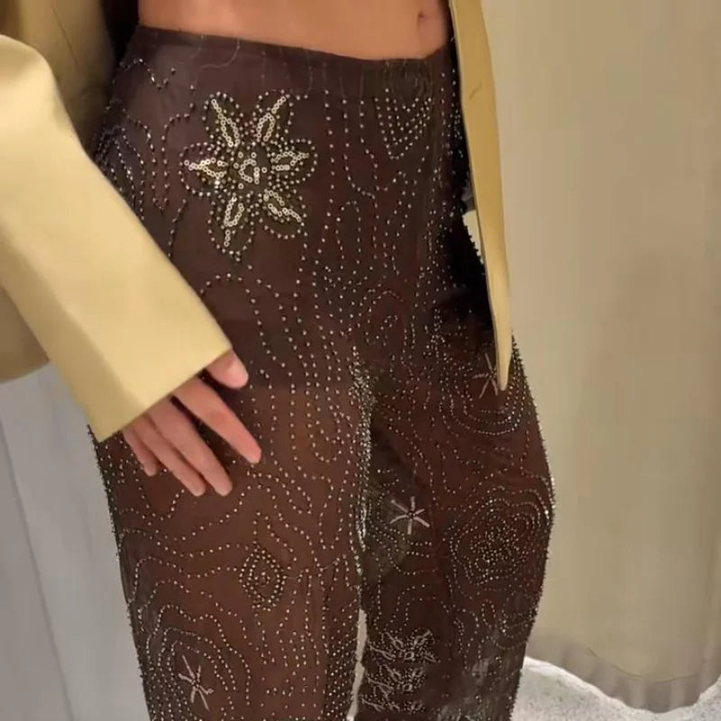 Ver através de frisado bordado calças femininas baggy sexy floco de neve lantejoulas perna larga 2025 primavera verão senhora y2k streetwear
