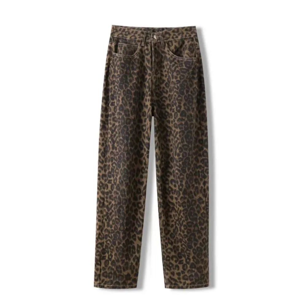 Tan leopardo jeans feminino calças jeans feminino oversize perna larga streetwear hip hop roupas vintage solto casual