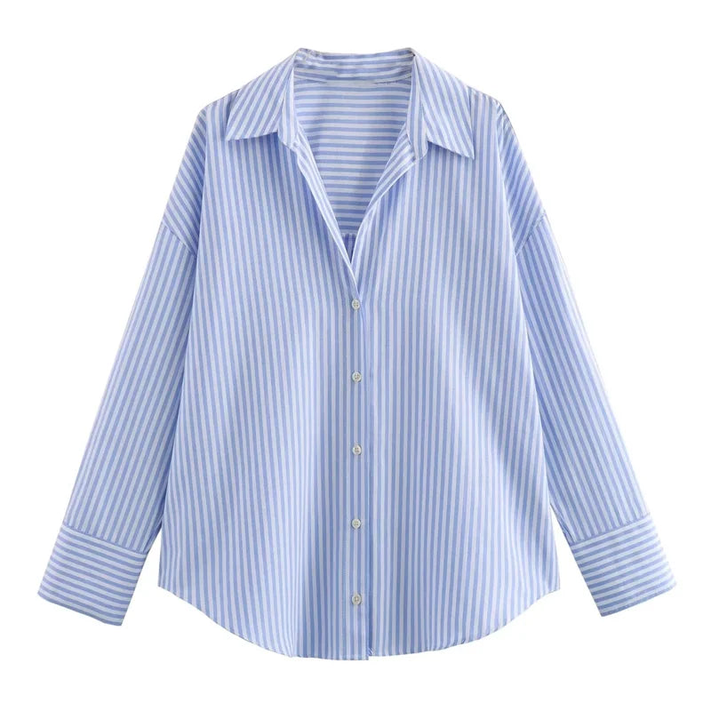 Traf oxford camisa branca mulher assimétrica azul listrado blusas de manga longa para mulher 2024 casual camisas básicas mulher verão topo
