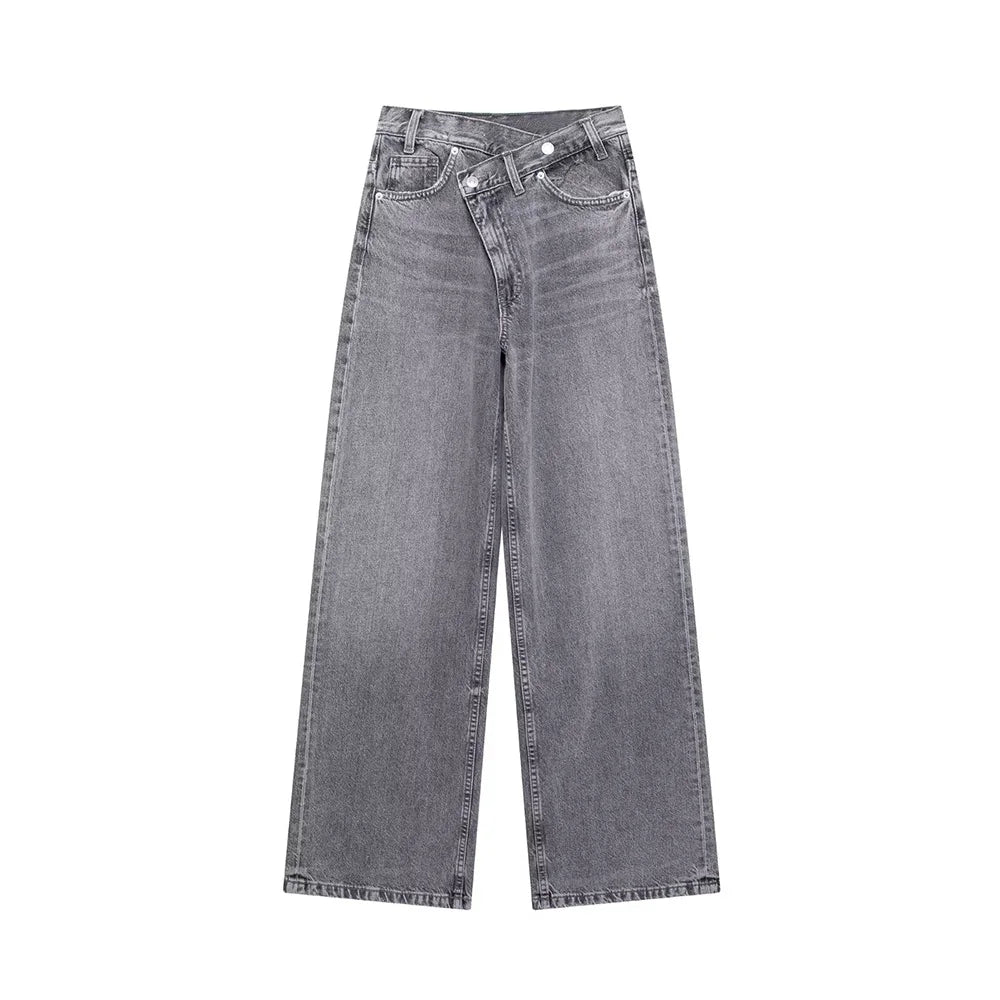 TRAF Calças de ganga básicas para mulher New Fashion Asymmetric Design High Waist Wide Leg Trousers Calças de ganga casuais de perna direita para mulher
