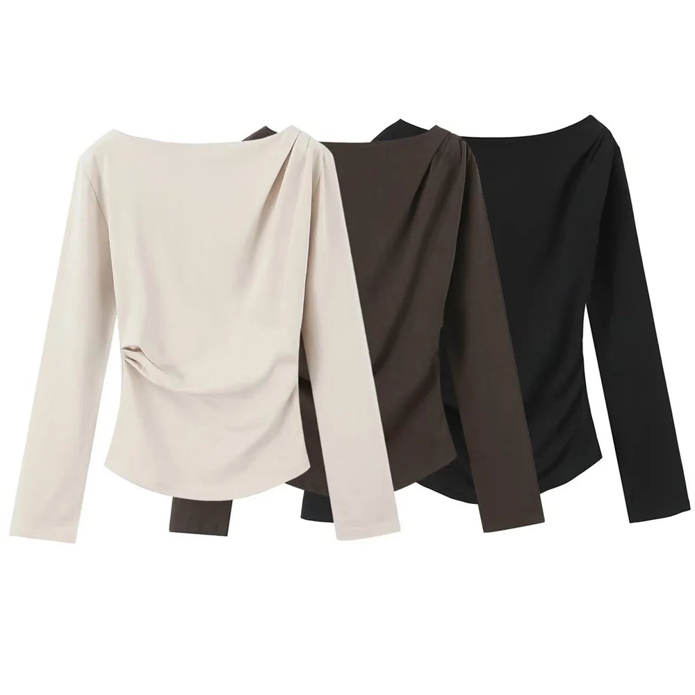 BM&MD&ZA Camiseta feminina bege de manga comprida com ombro de fora, design assimétrico franzido para uso elegante e confortável