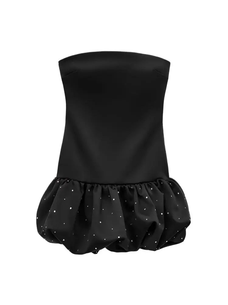 Mini vestido sem alças TRZA para mulheres com strass, pescoço reto, zíper traseiro, vestidos femininos, moda sexy