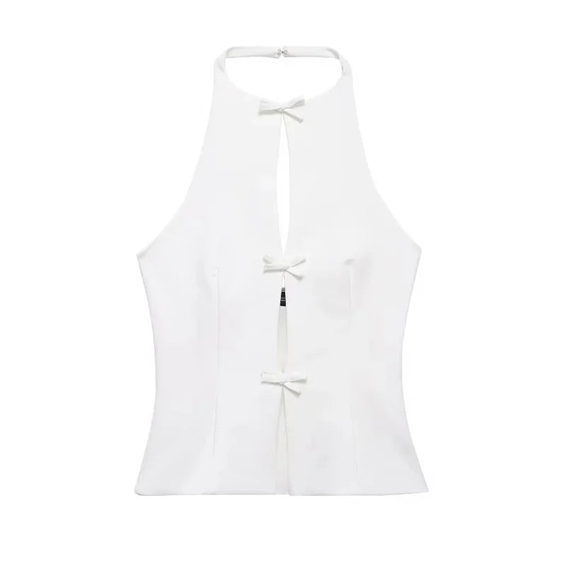 Muyer arco strass colheita topo feminino cortar preto branco sem mangas sem costas topo feminino fora do ombro sexy topos mulher verão