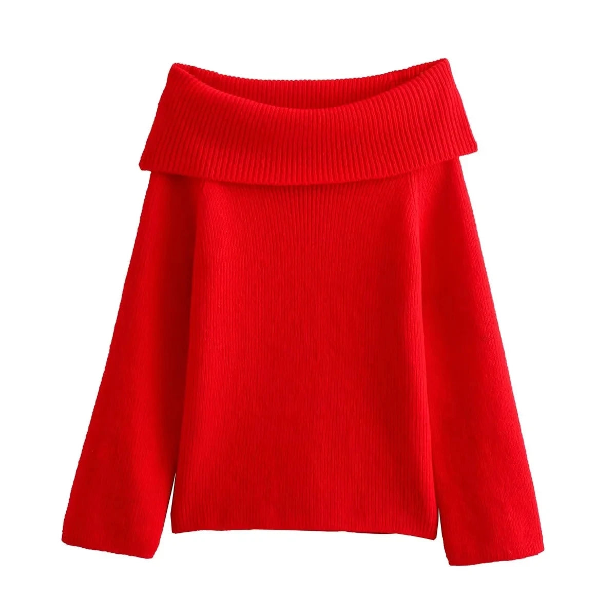 Trafza moda feminina sólida fora do ombro camisola de manga longa pulôver de malha camisola outono feminino casual malhas chique topo