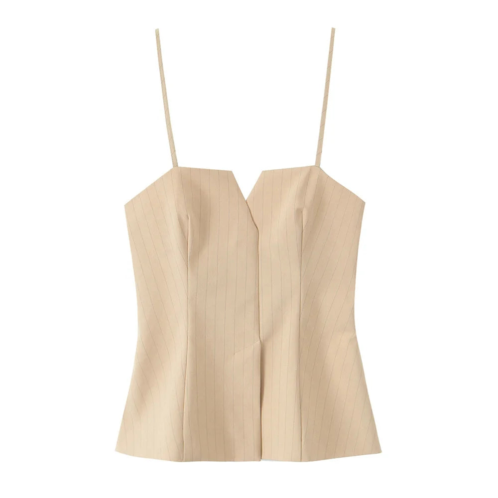 UNIZERA Conjunto feminino listrado de alça fina e calças com decoração de babados primavera novo produto casual feminino