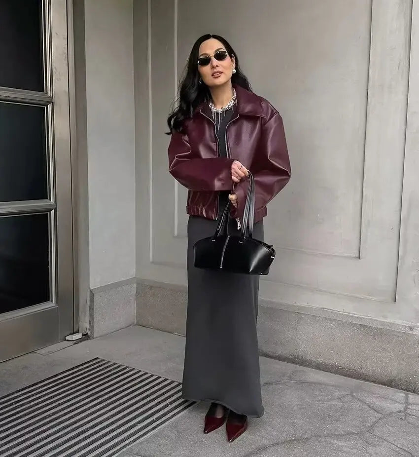Trafza vinho vermelho couro falso jakcet moda outerwear engrossar zíper lapela casacos do plutônio outono inverno streetwear senhoras topos feminino